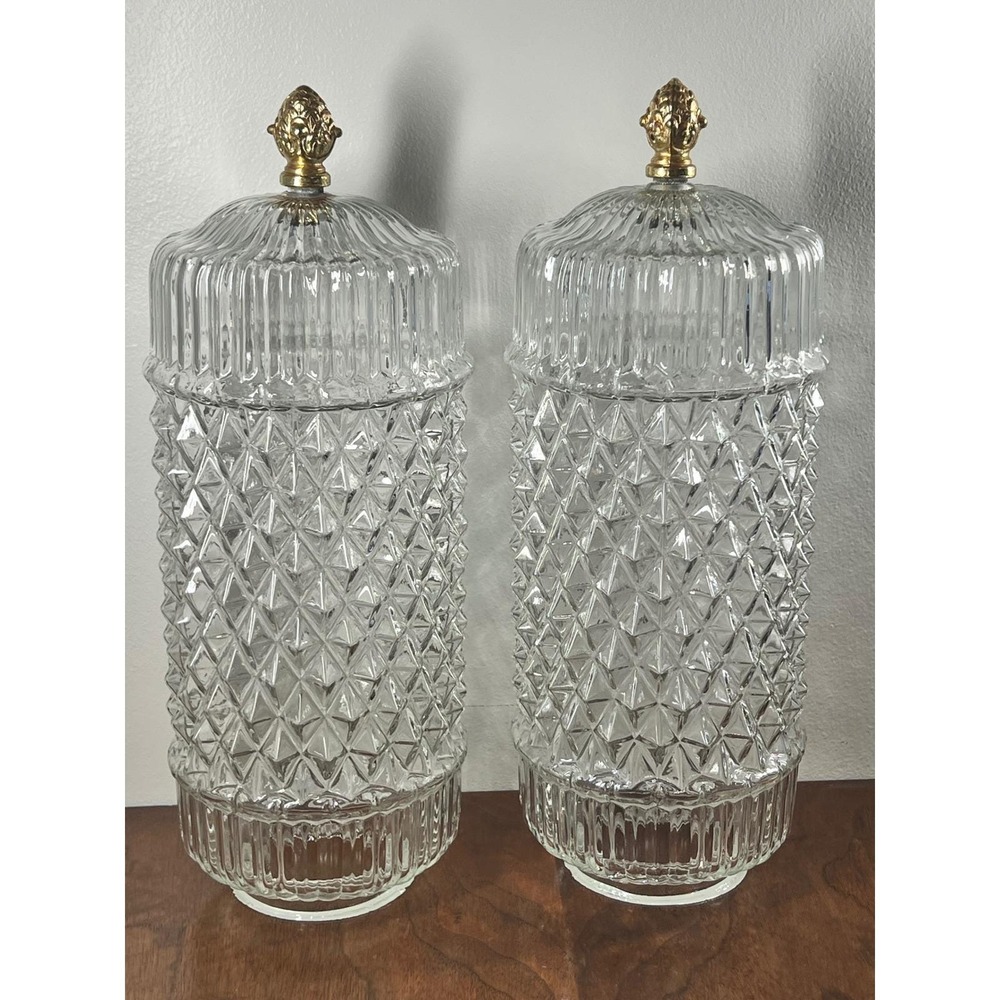 Vintage Lamp Shades Diamond Point Glass Mid Century Clear Gold Finial Pair 12"
